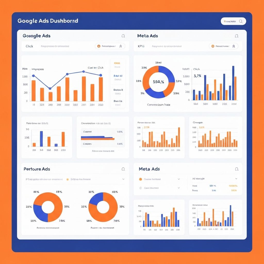 Comparação entre Google Ads e Meta Ads com gráficos de performance