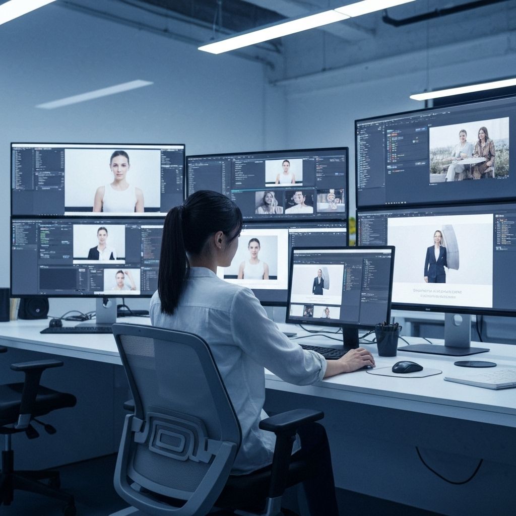 Profissional de marketing trabalhando com inteligência artificial para criar fotos profissionais em um ambiente moderno e tecnológico